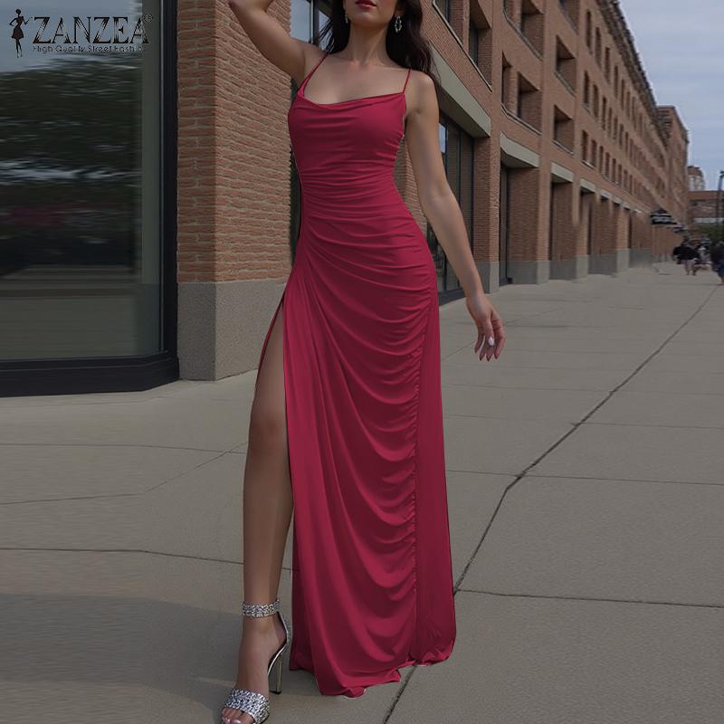 ZANZEA Rochie Lungă Elegantă de Damă cu Gât Drapaj, Sexy, fără Mâneci, Tip Slip