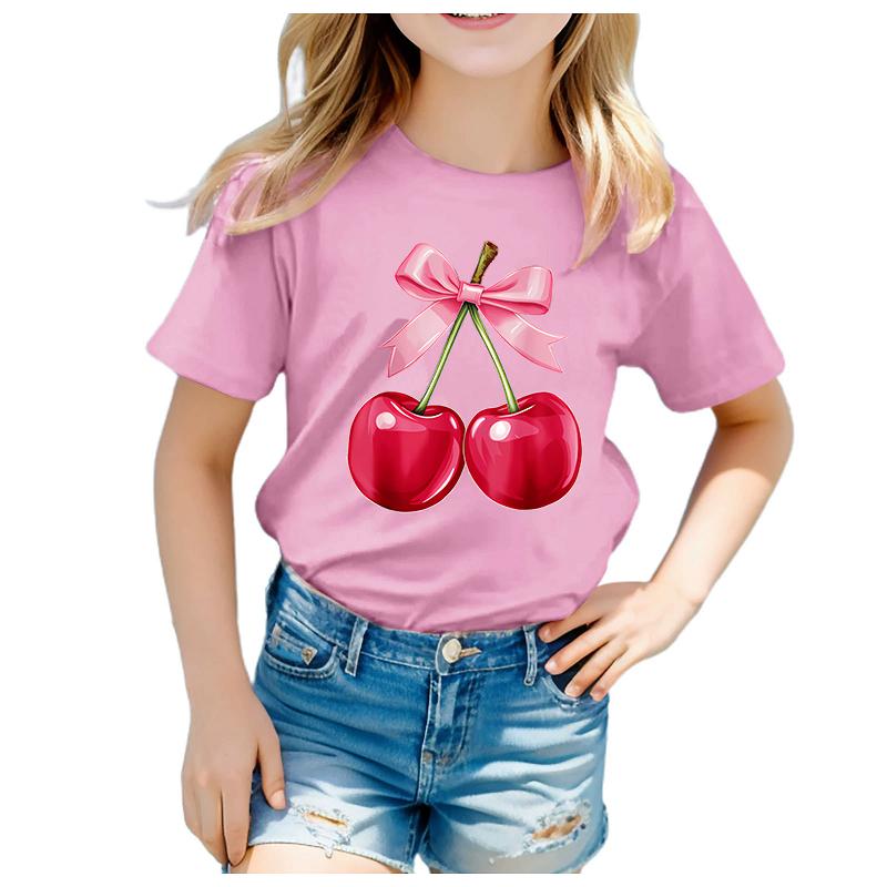 Fruit Cherry Print New Childrens Clothing Style Childrens Shortsleeved Tshirt Printed Round Neck Burst Girls Tshirt