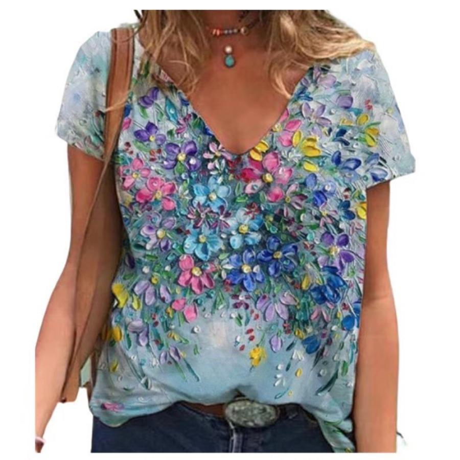 3d Floral Print T Shirts Abstract Character V-neck Pullover Short Sleeve T-shirt for Women's Top