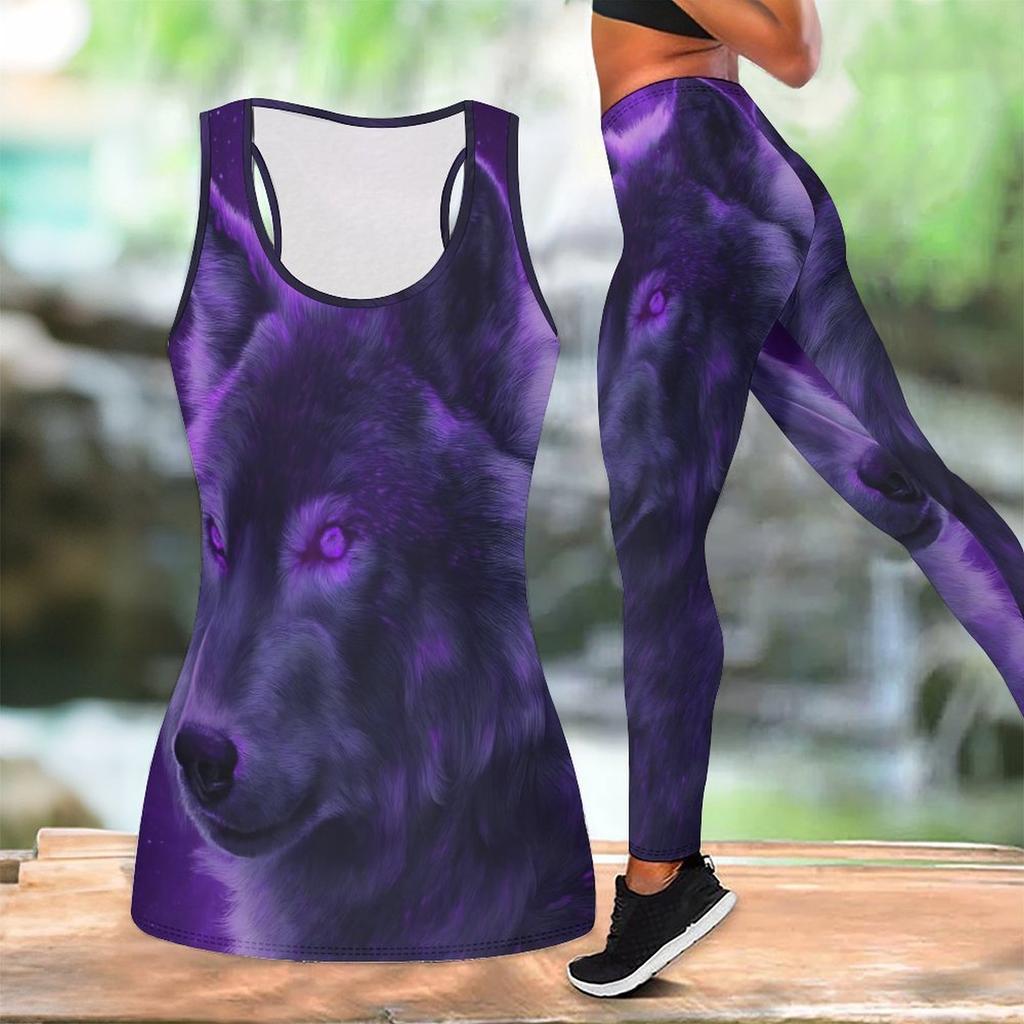 Wild Wolf Pattern Print Yoga Outfit for Women Fashion Workout Leggings Fitness Sports Casual Yoga Set Sports Suit