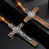 Vintage Klassischer Jesus Kreuz Anhänger Y-förmig Holz Gebetsperle Geflochtenes Seil Lange Halskette für Männer Trendiger Religiöser Schmuck Amulett