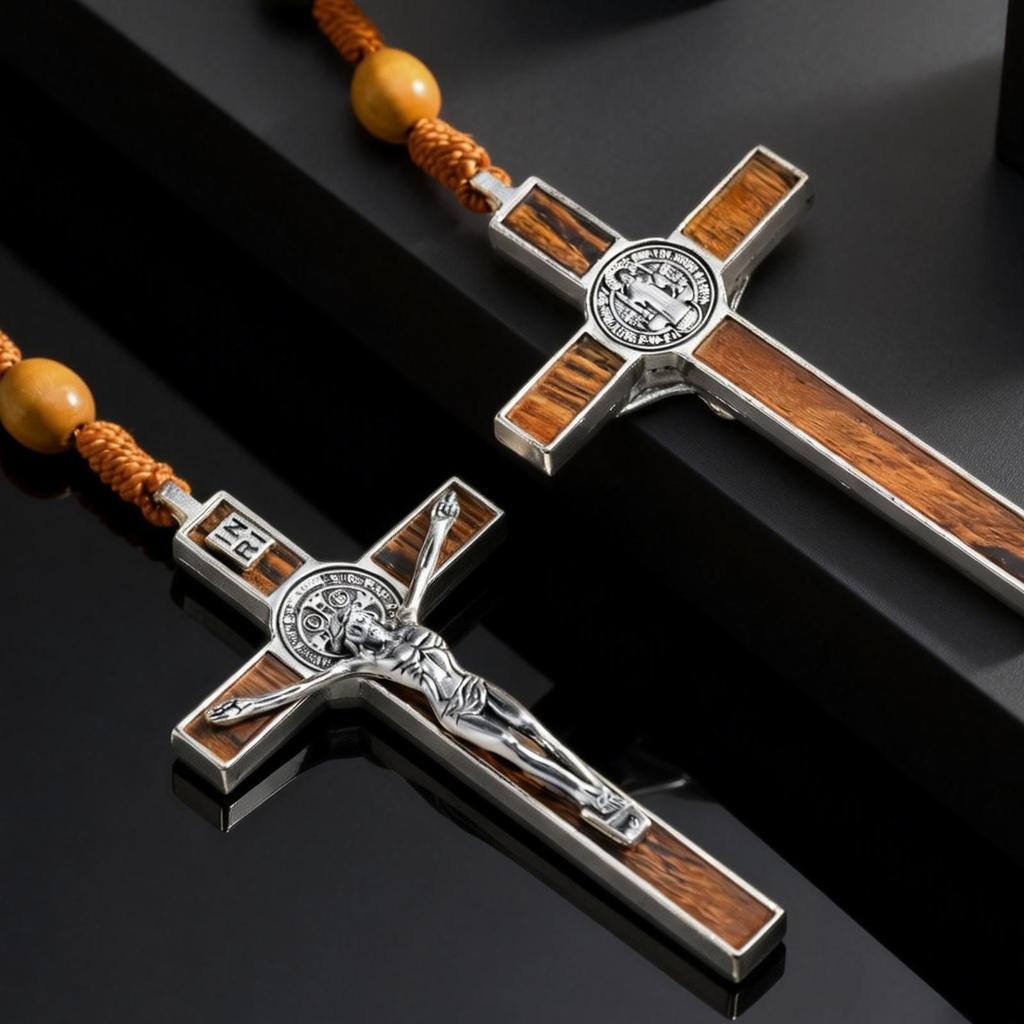 Vintage Klassischer Jesus Kreuz Anhänger Y-förmig Holz Gebetsperle Geflochtenes Seil Lange Halskette für Männer Trendiger Religiöser Schmuck Amulett