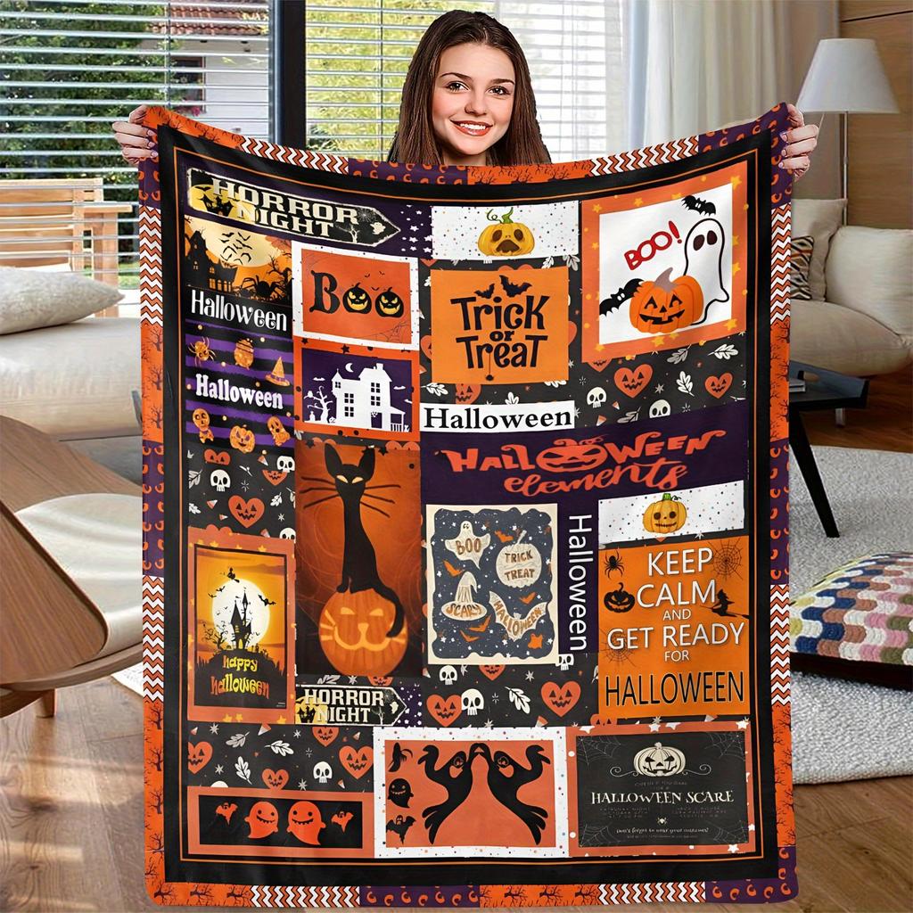 Flannel Halloween Blanket Vibrant Halloween Motifs Print Flannel Blanket For Adding Spooky Charm To Home Stylish Durable