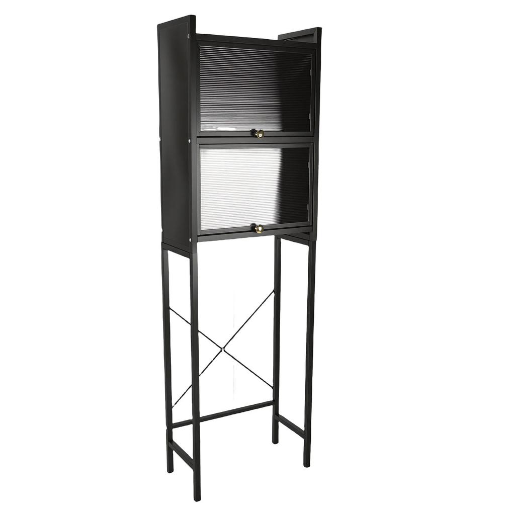 Over The Toilet Storage Rack 3 Tier 2 Door Carbon Steel Acrylic Bathroom Organizer Shelf for Home Black