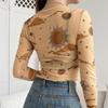 Sexy Mesh Long Sleeve T-shirt Women Perspective Crop Top Stars Moon Print Streetwear