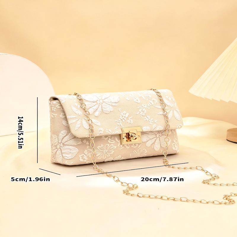 Fashion Embossed Floral Crossbody Bag Gold Chain Shoulder Strap Turn Lock Closure for Weekend Travel Outdoor
