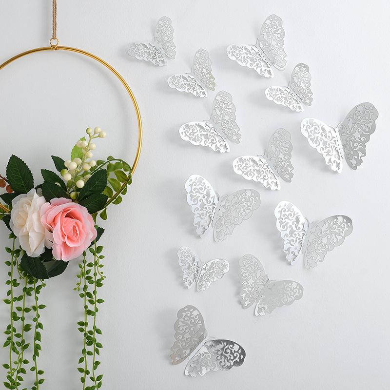 3D Three-dimensional Hollow Butterfly Wall Sticker Wall Decoration Living Room Wall Arrangement Metal Texture Creative Sticker