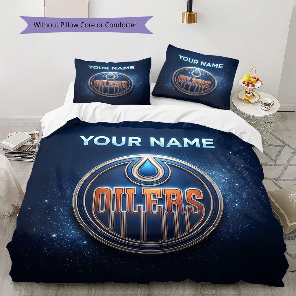 Custom Name,Edmonton Oilers Pattern Bedding Home Decoration Birthday Gift ( 1 Duvet Cover + 2 Pillowcase, Without Core),fan Merchandise.