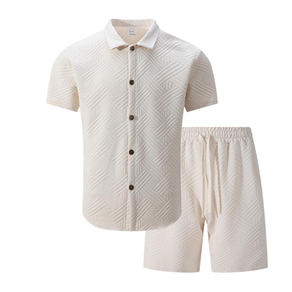 Men's Spring Solid Jacquard Lapel Cardigan & Shorts Set