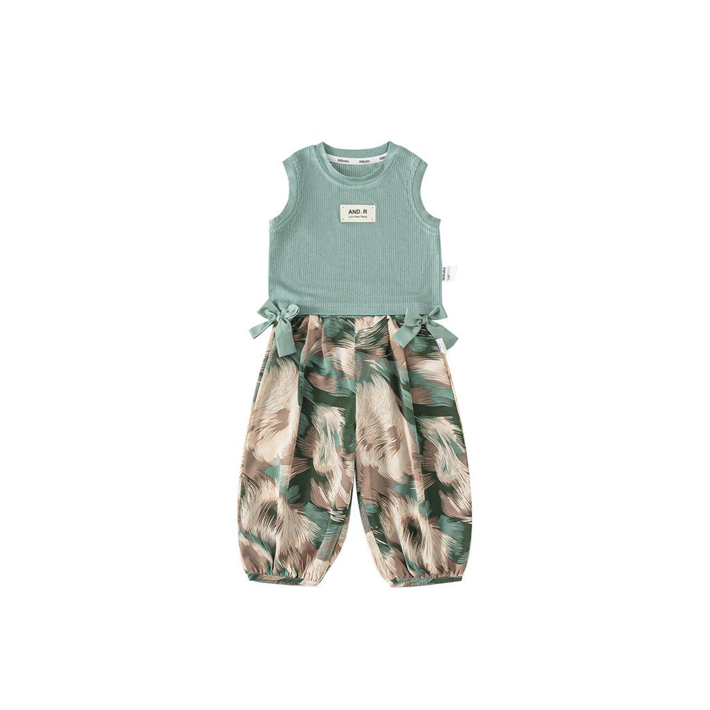 

Childrens Girls Summer Clothing Set With Soft Polyester Fabric For Active Play Green Floral Upgrade,80cm