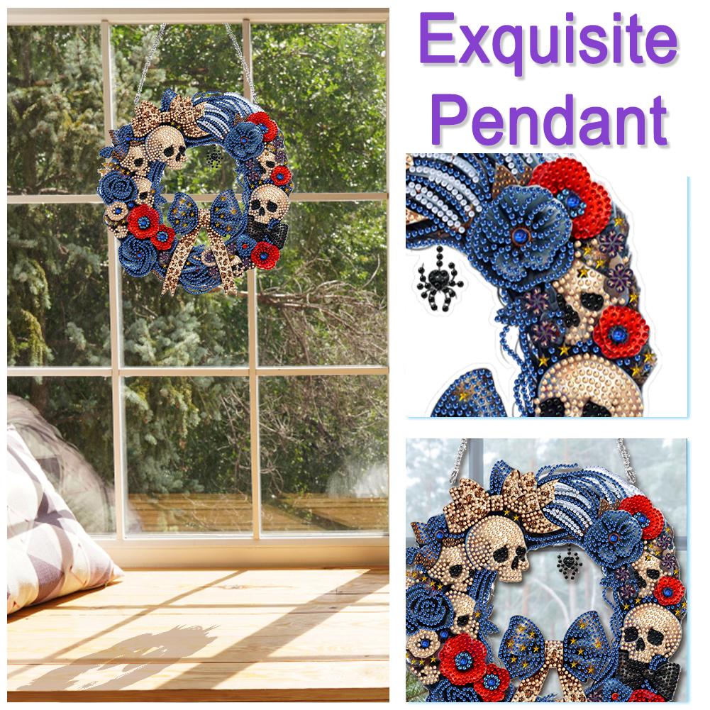 Acrylic Special Shape Halloween Skull 5D DIY Diamond Painting Wreath Pendant DIY Diamond Garland Pendant Kit for Art Crafts