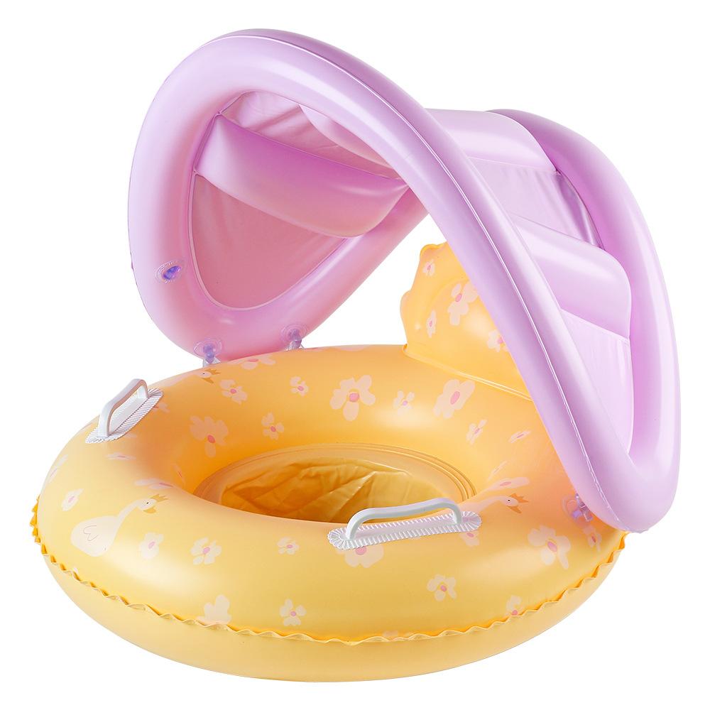2026 New Yellow Flower Sunshade Baby Swim Ring Safe Anti Rollover Infant Seat Float Sun Protection Beach Party Toy