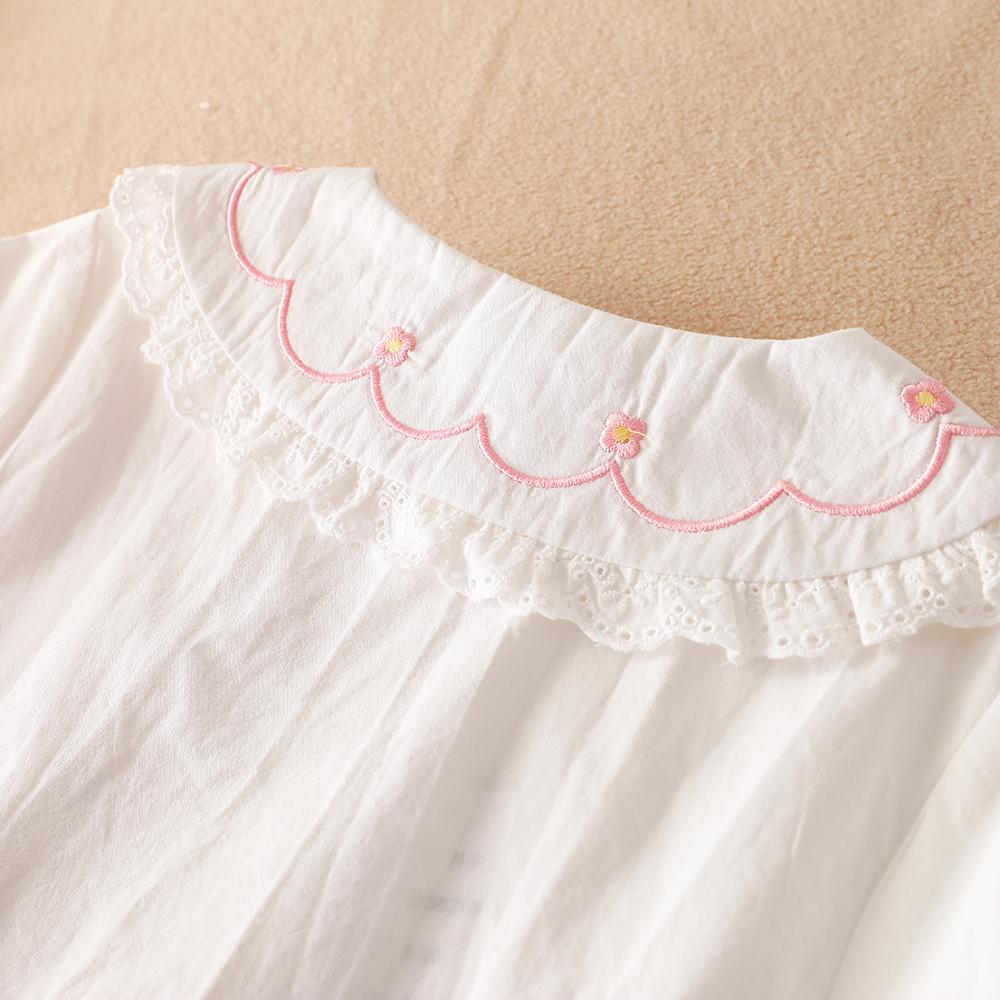 Girls White Shirt 100% Cotton 5-12T Embroidered Ruffled Collar Lace Trim Long Sleeved Top Kids Back To School Clothes