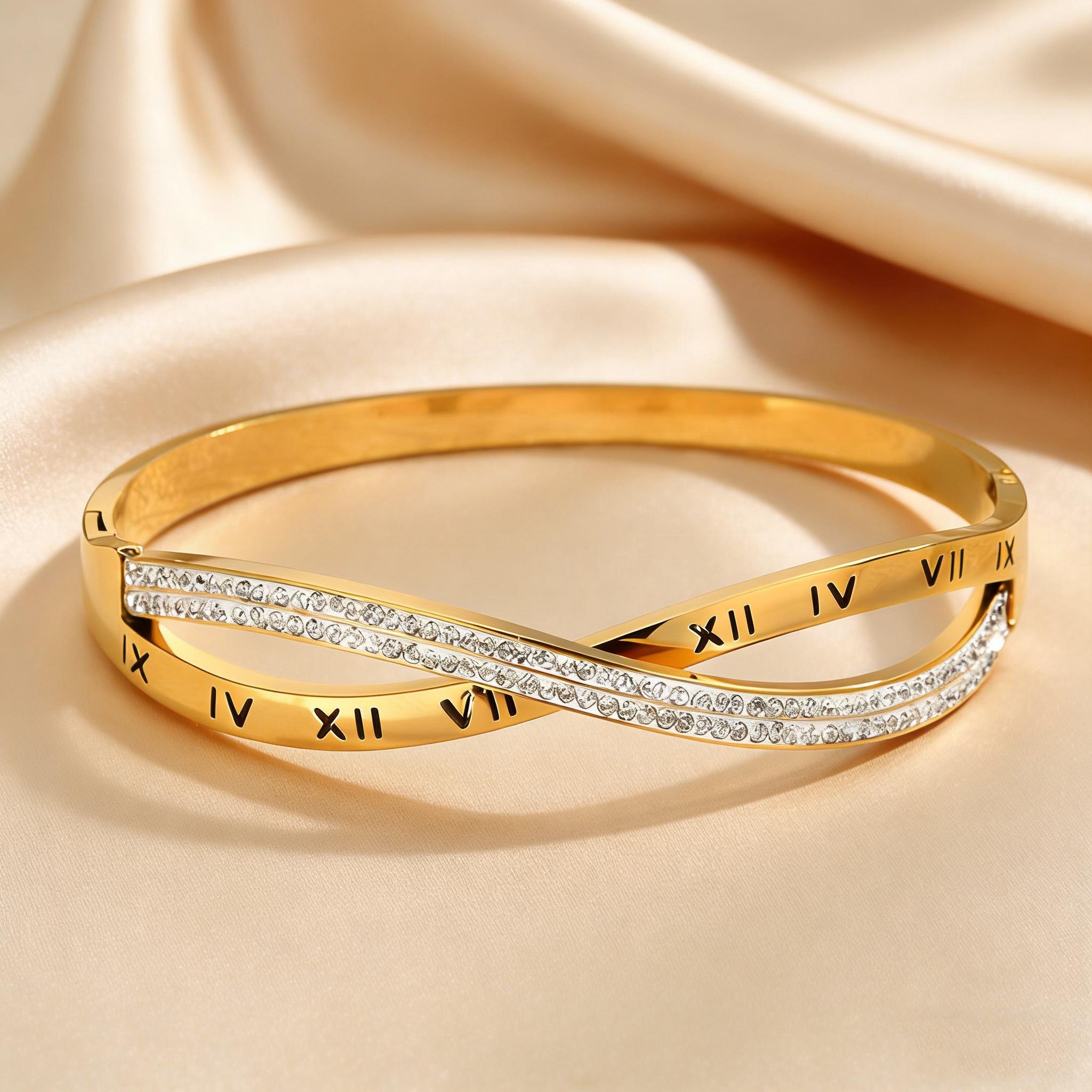 Trendy Classic Crossed Cubic Zircon Bracelets for Women Stainless Steel Layered Roman Numeral Bangles Luxury Jewelry Gift