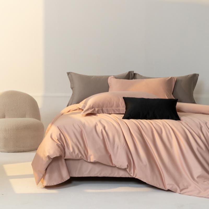 Light luxury high-count long-staple cotton four-piece set, simple wind solid color pure cotton satin quilt cover, sleeping naked, high-end Class