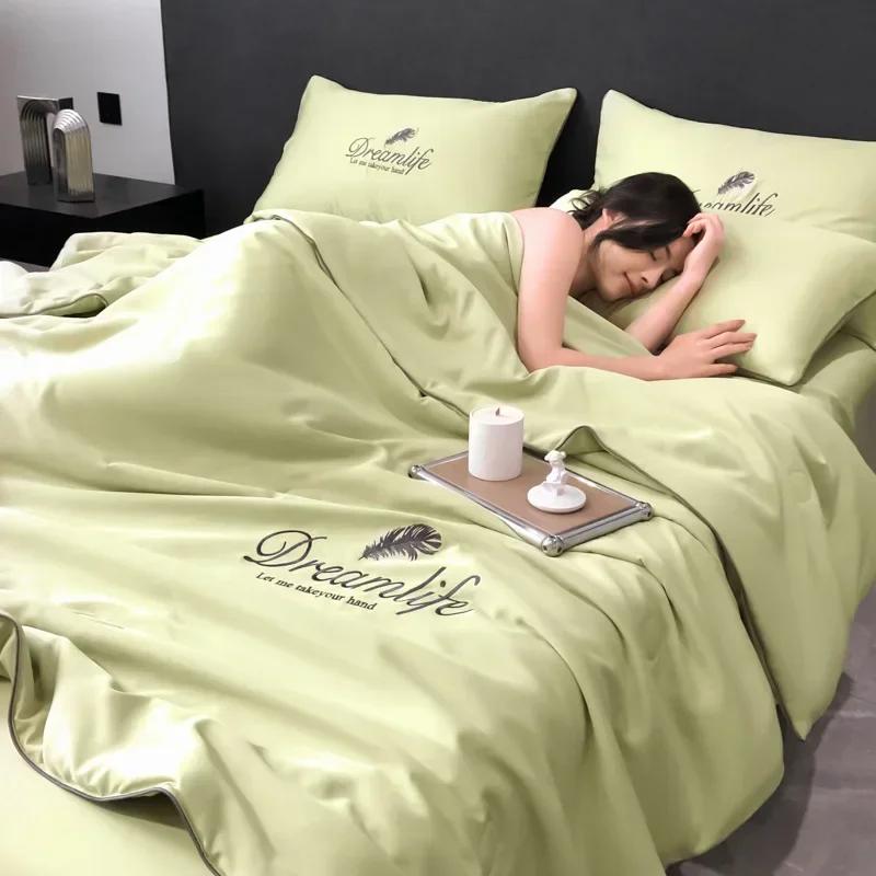 Luxus Stickerei Sommer Dünnes Quilt Set Seidig Atmungsaktiv Queen Quilts Klimatisierte Bettdecke Bettwäsche Set Sommerdecke