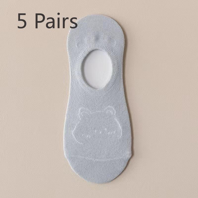 5 Paar Damen Anti-Rutsch und Nicht-Abfallende Bootssocken, Sommer Dünn und Trendy Flach Anti-Rutsch Silikon Cartoon Bär Unsichtbare Socken