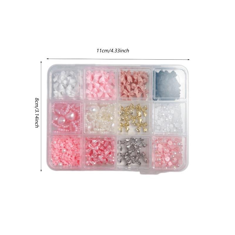 12-Compartment Box Mixed Resin Simulation Pearl Bow, Heart, Mini Floral Decor For Diy Nail Art Accessories, Nail Supplies Nail Charms