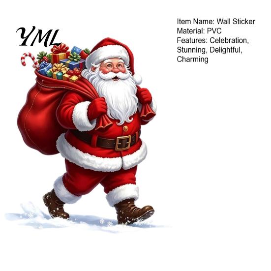 Holiday Glass Stickers Christmas Wall Stickers, Cartoon Santa Claus Carrying Bag Decal, Peel And Stick Festive Murals Full of Gifts DIY Art for Winter