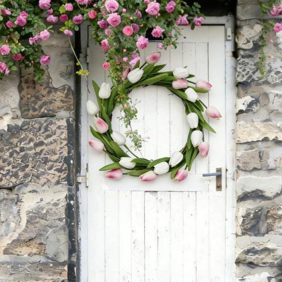 Artificial Tulip Wreath with Vine Base Lifelike Floral Door Wall Hanging Decor for Home Garden Party Fade-Resistant Reusable Spring Home Decoration