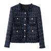 Blue Elegant Noblewoman Tweed Fringe Jacket with Contrasting Colors