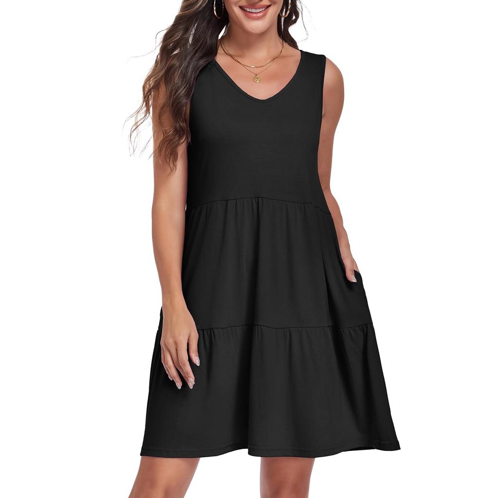 Sleeveless V Neck Tiered Casual Dress for Women Loose Fit Lightweight Summer Dress with Pockets Comfortable Design
