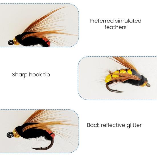 50Pcs/Box Fly Fishing Lure with Sharp Hook Realistic Bionic Floating Feather Fly Fishing Bait Freshwater Saltwater Bass Trout Fishing Accessories
