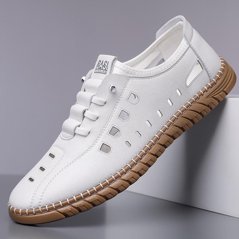 Fashion Hollow Business Casual Soft-soled Leather Sandals for Men Fashion Solid Color Summer New Designer Driving Shoes Man