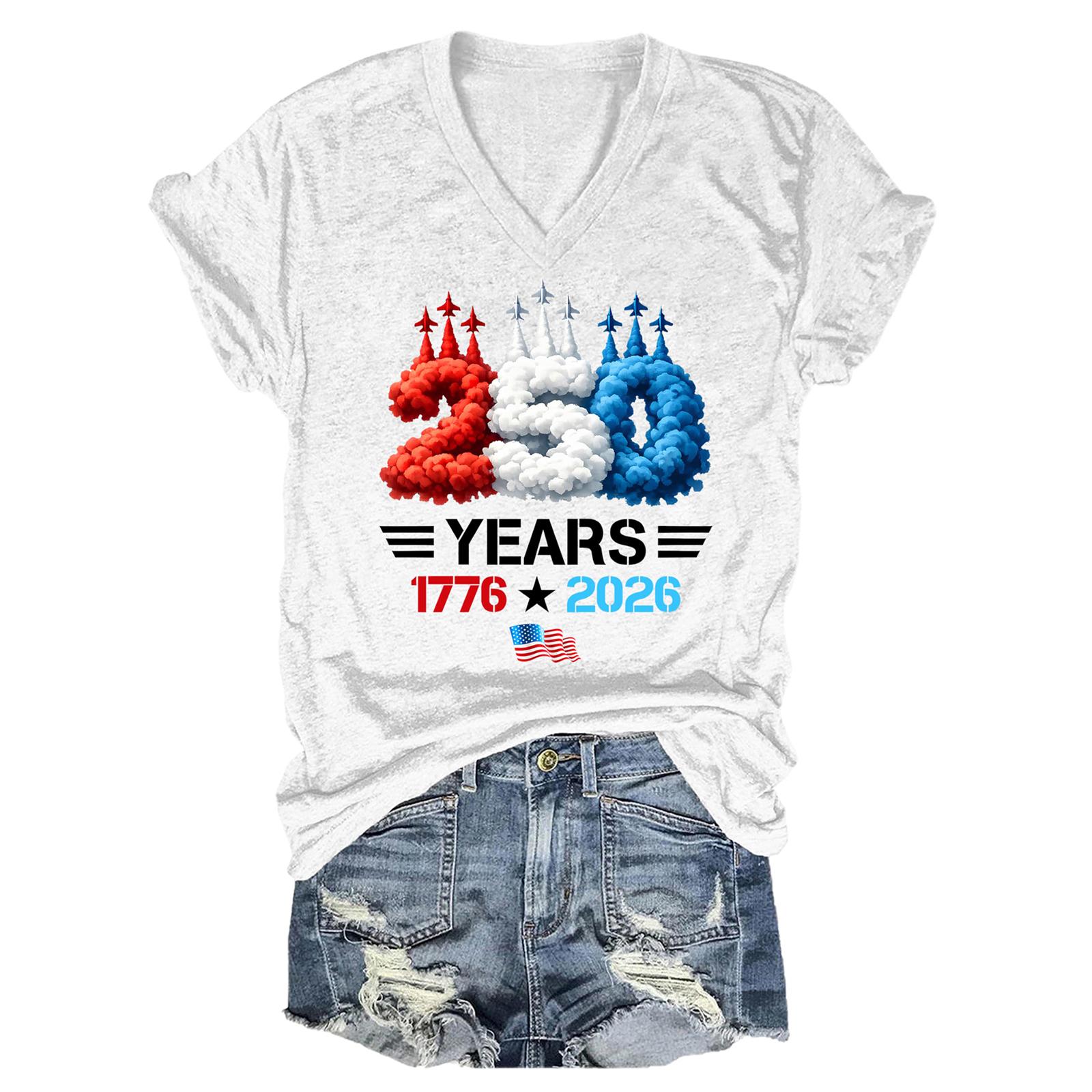 

250 Years 1776 2026 Graphic V Neck Short Sleeve Blouses for Women Casual Women s Short Sleeve Tops Loose Fit T Shirt XL білий