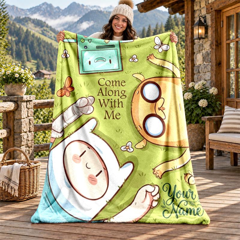 Adventure Time Custom Name Flannel Blanket Personalized Soft Warm Plush Throw Blanket Customized Gift for Family Friends