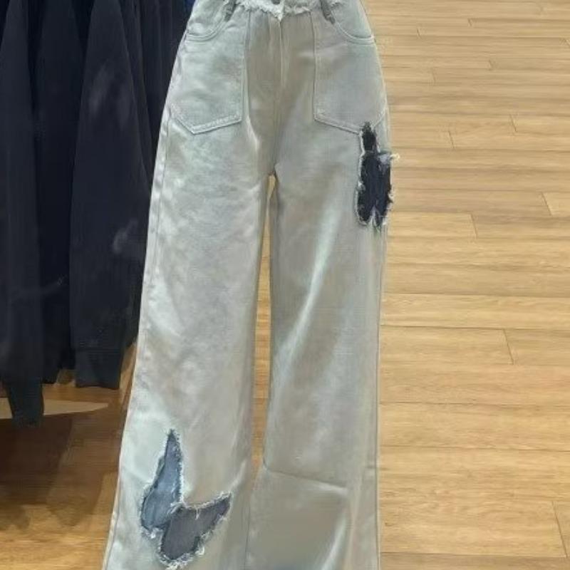 Women's Wide-Leg Raw-Edge Jeans with Butterfly Embroidery - Retro American Autumn Style