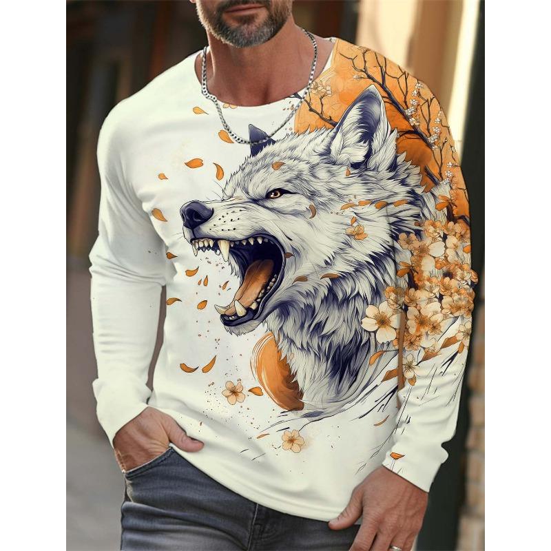 Herren Langarm T-Shirt Tiermuster Wolf 3D Druck Oberteile Tees Mode Lässig Übergroßes T-Shirt Herrenbekleidung