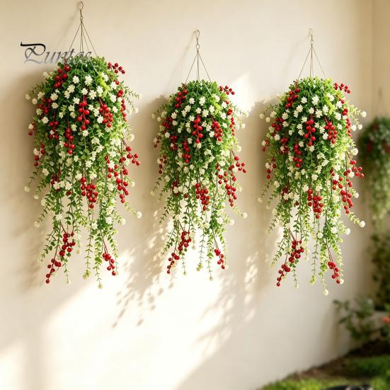 Realistic Fabric Leaves for Crafting Artificial Hanging Vines with Red Berries, Plastic Cascading Greenery Plants, Decorative Faux Wreath Draping