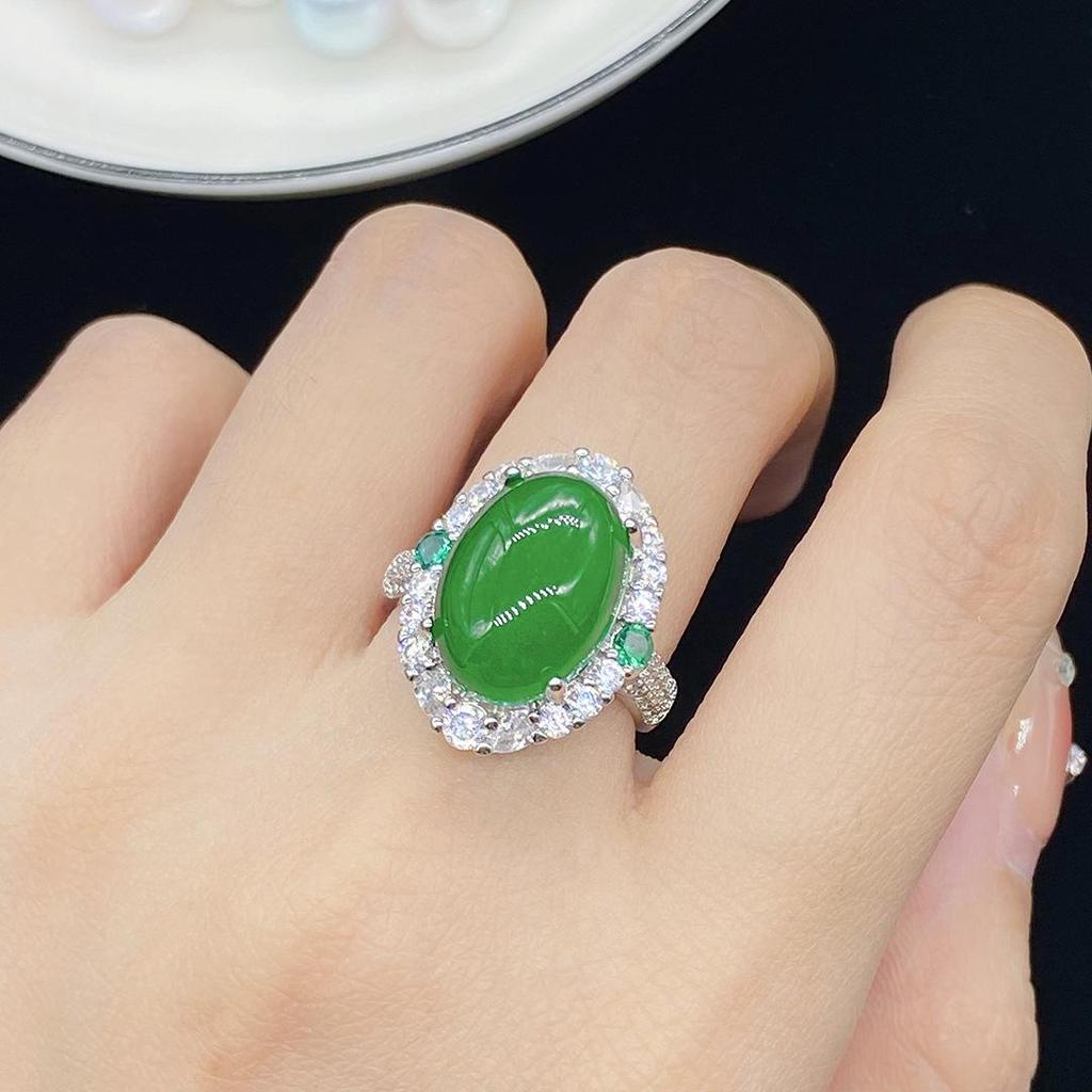 Bague ouverte tendance en jaspe calcédoine de glace naturelle simulée pour femmes avec diamants complets
