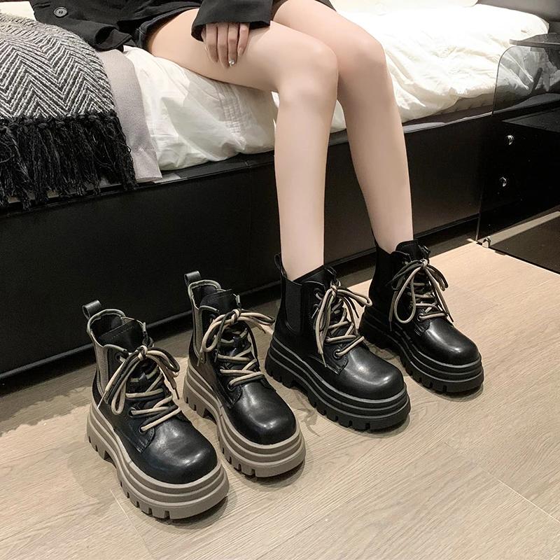 Fashion Autumn Chunky Ankle Boots 2024 New Women's Round Toe Thick Bottom Winter Boots Black Platform Short Boots Woman Wedge 7cm Heels