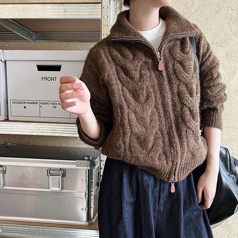 Autumn and Winter Loose Soft Waxy Maillard Short Turtleneck Zipper Sweater Cardigan Women's Twist Knitted Women's Jacket