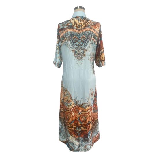 Women's Boho Printed Shirt 46085 Sleeve Maxi Dress Button