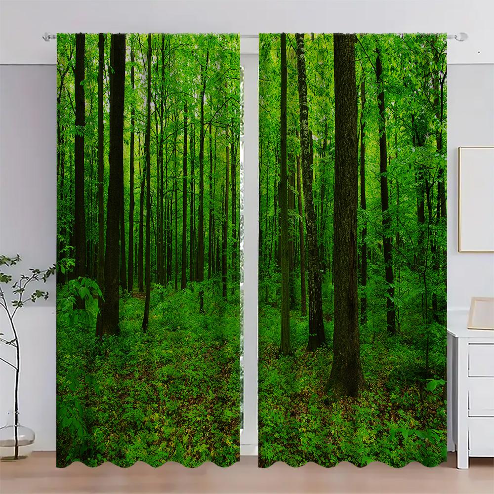 2PC Home Green Forest Curtains With Landscape Background And Pole Pocket Curtains, Kitchen, Coffee Shop, Living Room