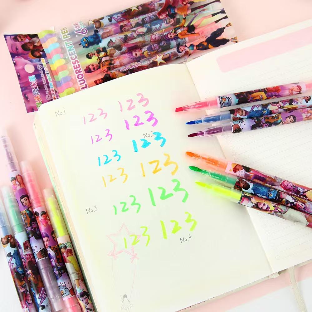 6Colors Kpop Demon Hunters Huntrix Dual-Tip Highlighter Marker Set Quick Dry and Fine Tip No Bleed Highlighter Anime Stationery