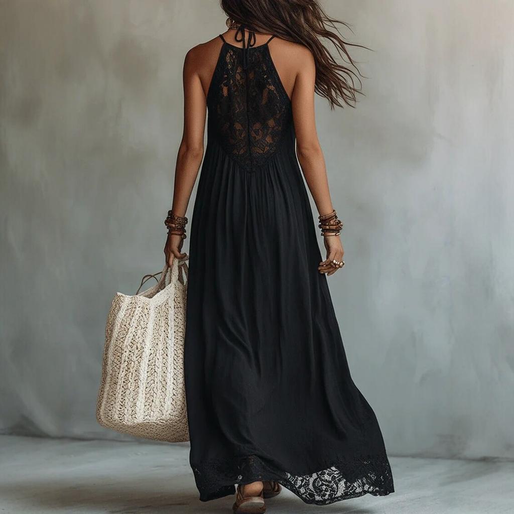 Maxi Abito da Donna con Scollo all'Americana in Pizzo e Gonna Svasata a più Livelli
