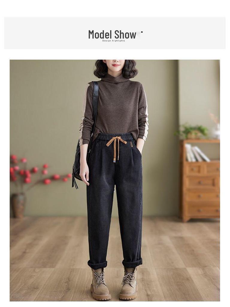 Thickened Fleece-Lined Elastic Waist Harem Jeans - Plus Size, Slimming, Loose Fit, Autumn/Winter