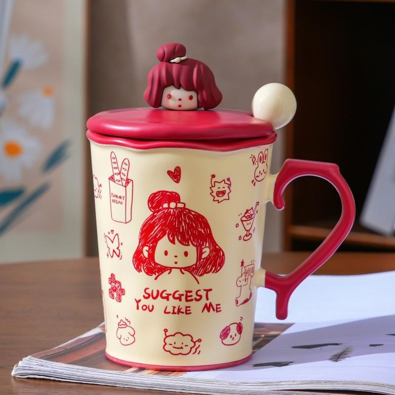 Graffiti Mug with Lid Spoon Ceramic Water Cup Couple with Large Capacity Hand Painted Gift for Girls Niche Birthday Gift