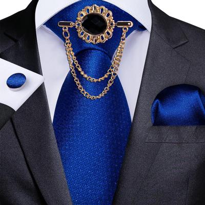 Formal Blue Necktie for Men Classic Solid Color Silk Tie Hanky Cufflink Metal Chain Brooch Pin Business Set