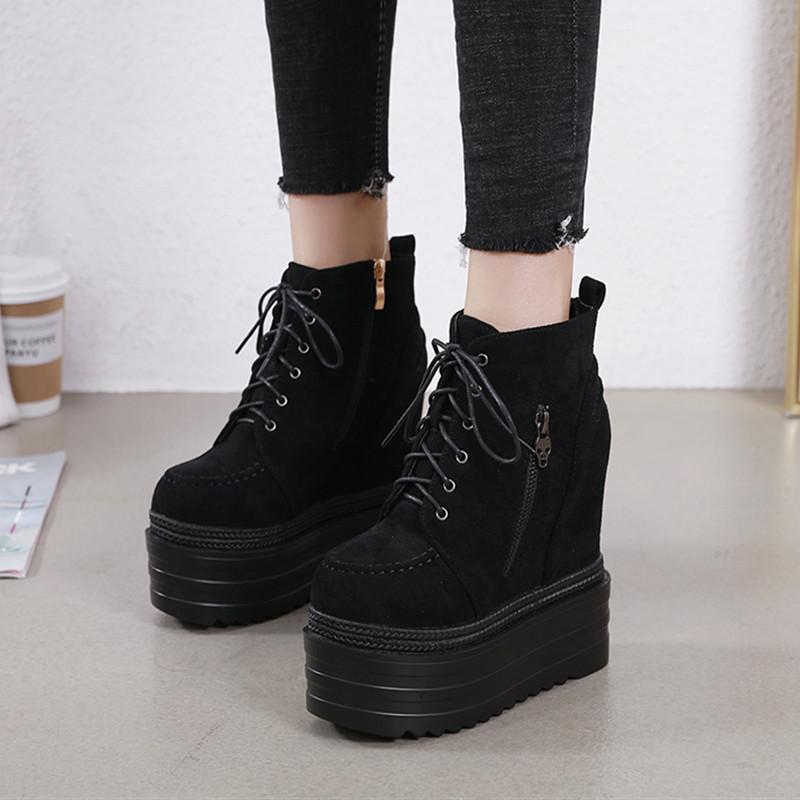 Fashion 15CM Sky-high Platform Platform Shoes Autumn and Winter Ultra-high Heels Women's Short Boots Inside Elevating Wedge Heels Q
