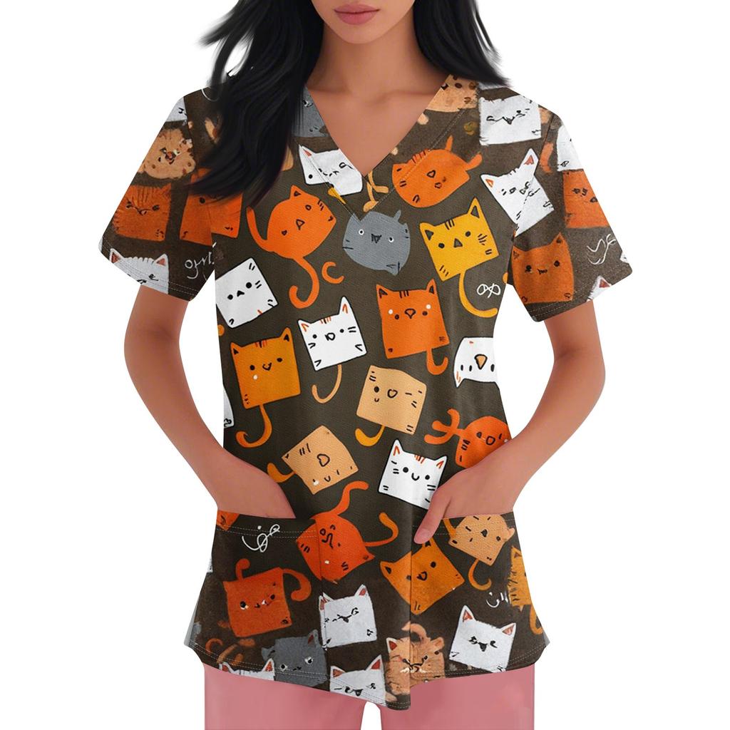 Women's V-neck Printed Short-sleeved Work Clothes With Side-slit Pockets And Uniforms