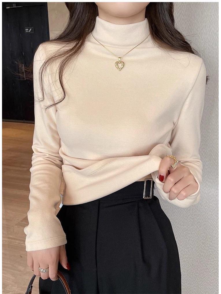 Women's Autumn/Winter 2024 Thick Velvet Half-High Collar Slim Fit Long-Sleeve Top