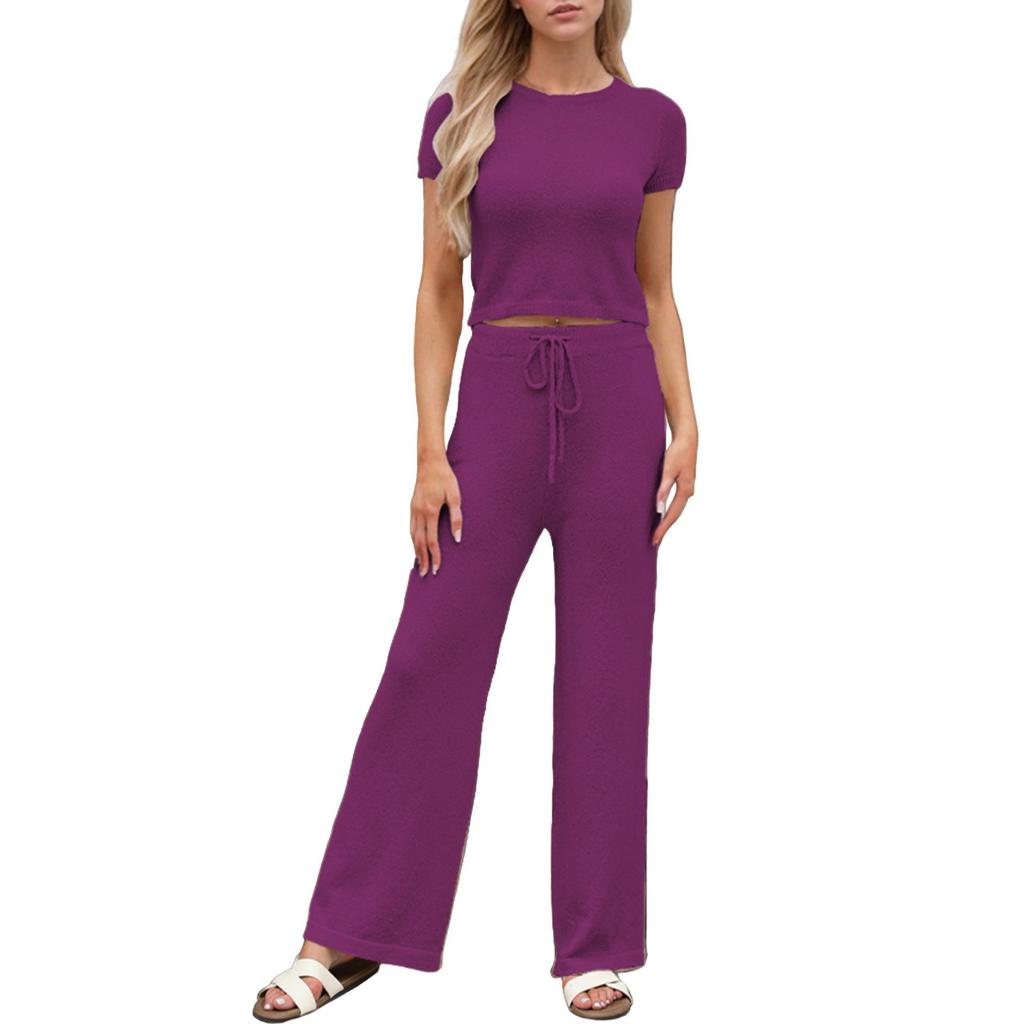 Women's Fashion Vacation Beach Round Neck Casual Loose Short Sleeve Pants Suit