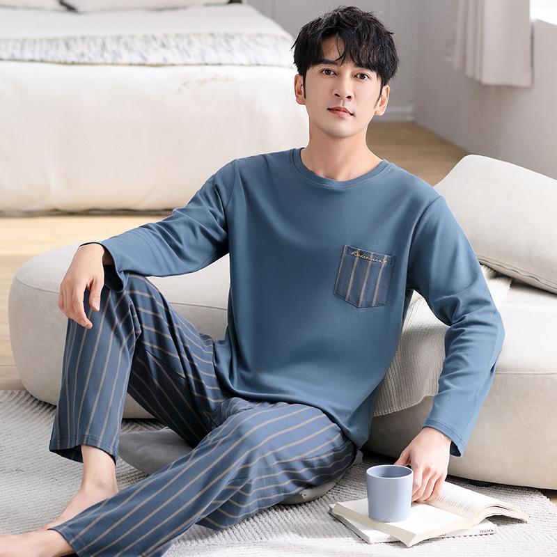 

Пижама мужская весенне-осенняя хлопковая с длинным рукавом осенняя хлопковая домашняя одежда мужской большой размер тонкий костюм XL