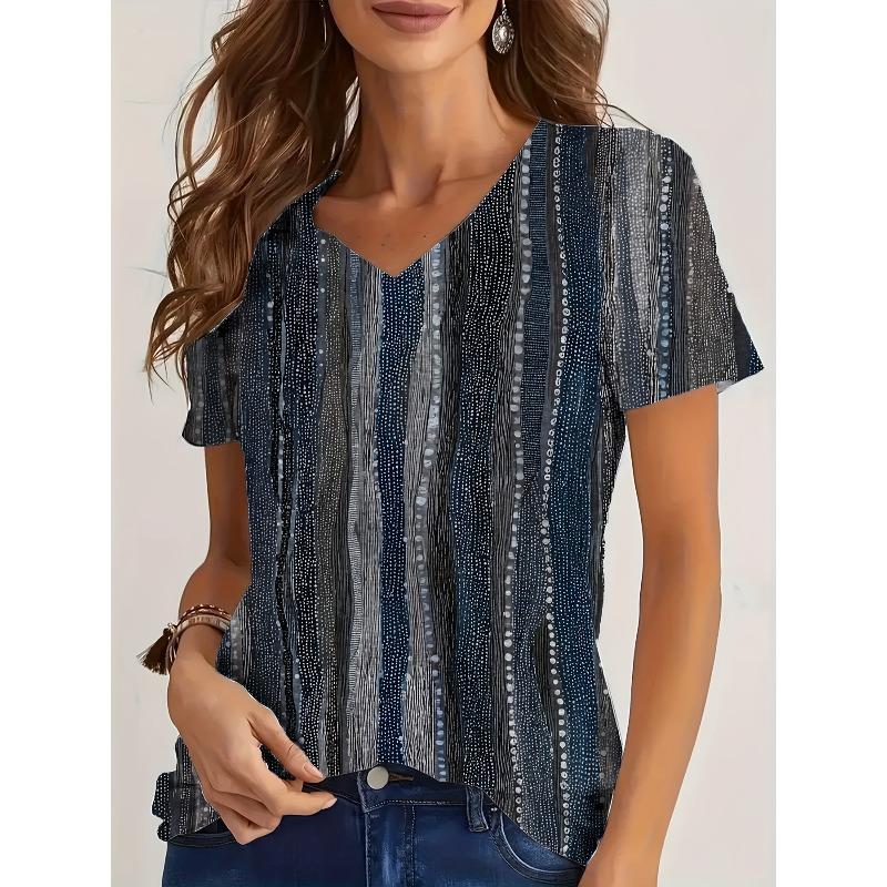 Blumen-Streifen-Print V-Ausschnitt Kurzarm T-Shirt Vielseitiges Bequemes Modisches Lässiges Damen T-Shirt