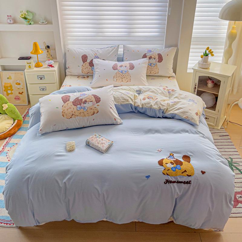 Cute Pink Cartoon Cat Towel Embroidery Girls Kids Bedding Set Soft Washed Cotton Duvet Covers Set Bed Sheet Pillowcases 3/4Pcs